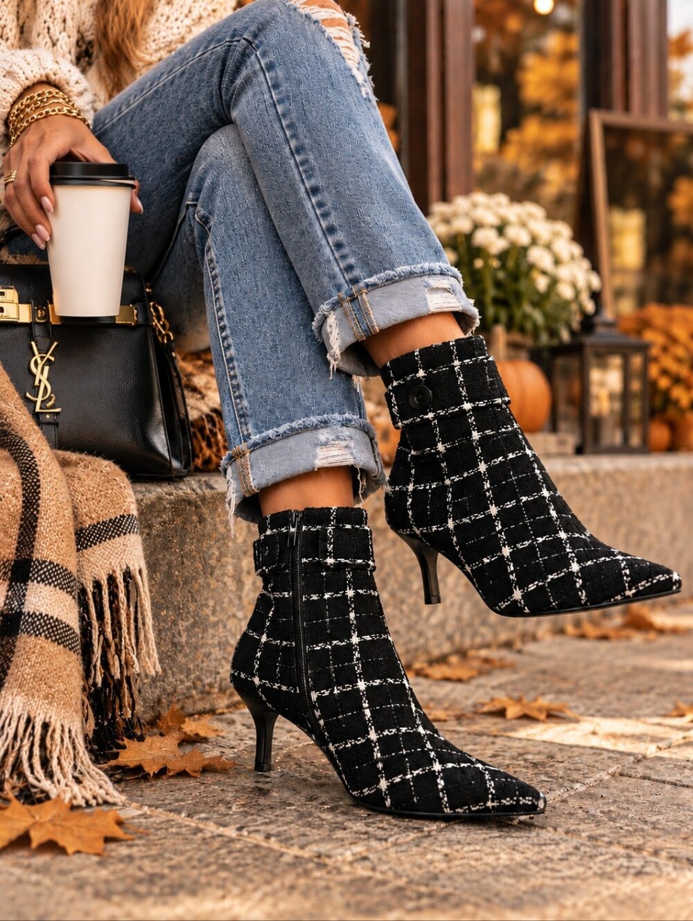 Chic Black & White Tweed Ankle Boots with Button Detail Size 9
